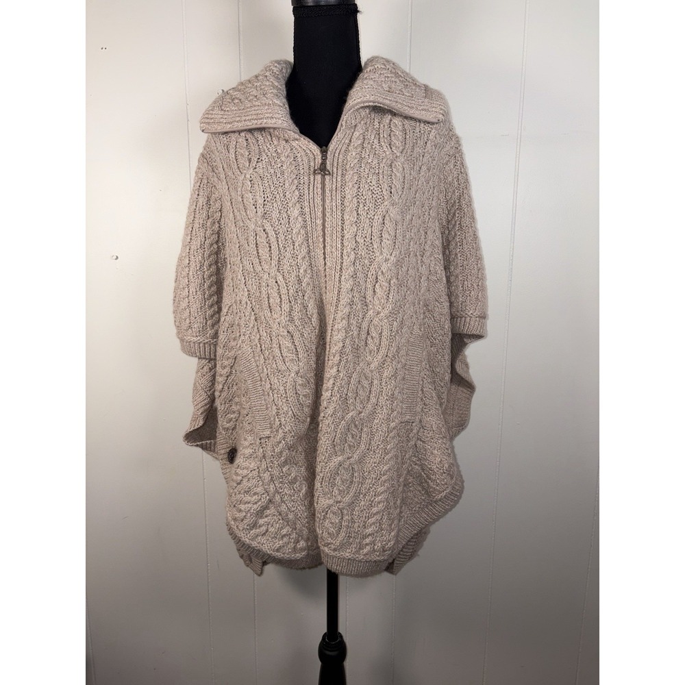 Aran Crafts Beige Oatmeal Merino Wool Zip Front Cape Cable Knit Sweater Sz M/L